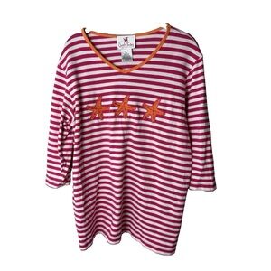 Quacker Factory Blouse Size Large Top 3/4 Sleeves Starfish Embroidered Cotton